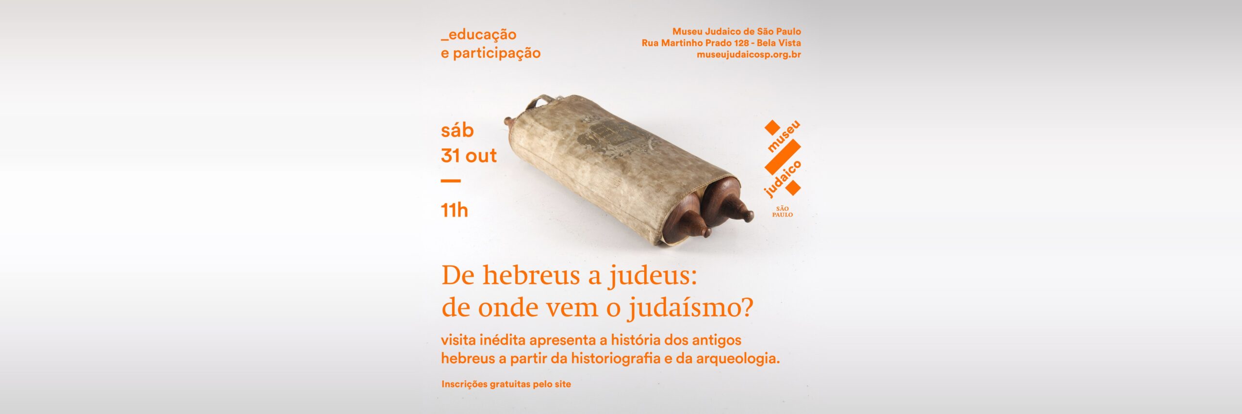 Rolo da Torá envolto em capa de tecido, sobre fundo claro, com o título De hebreus a judeus: de onde vem o judaísmo?