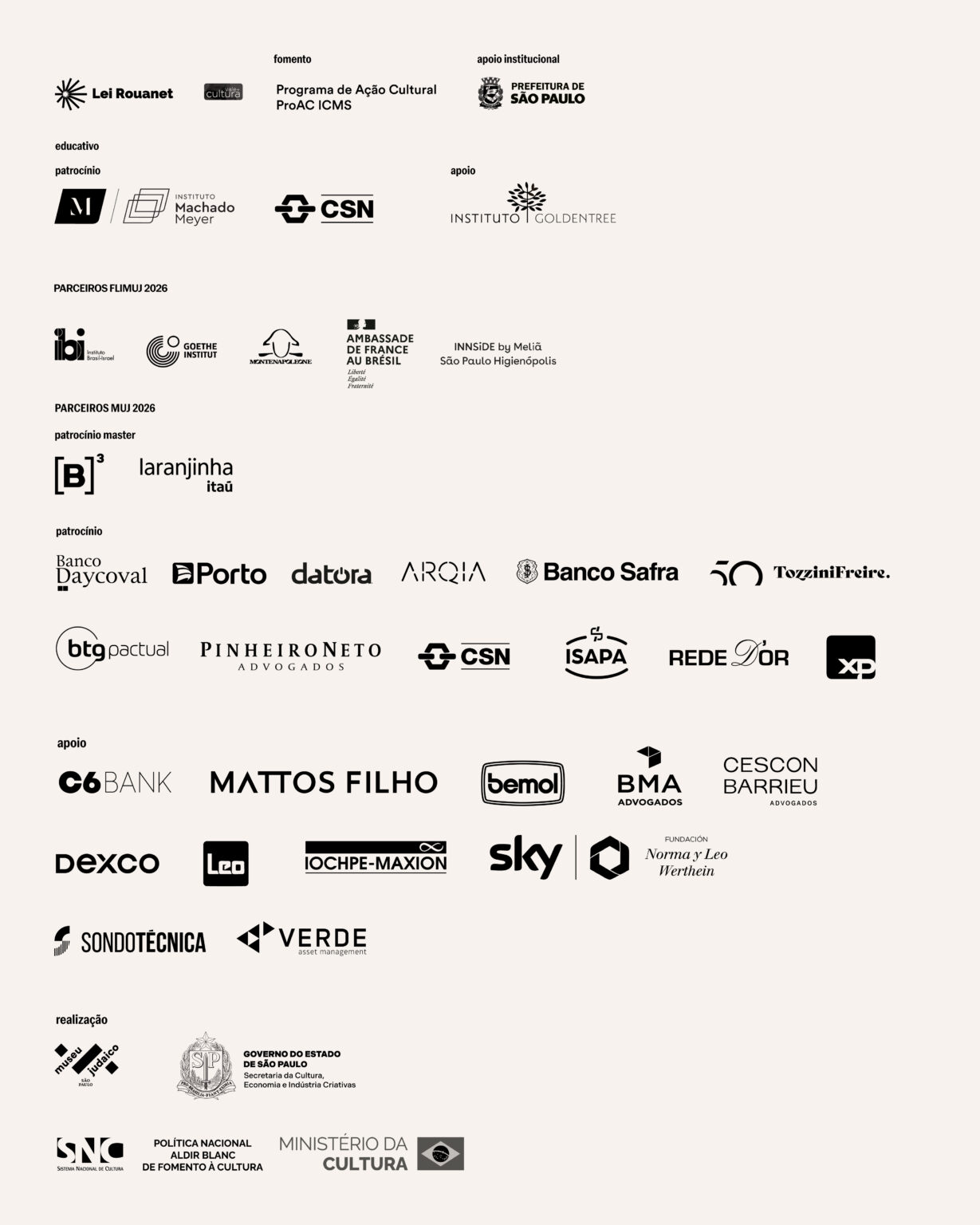 Régua de logos de patrocinadores e parceiros do 5º FliMUJ e do Museu Judaico de São Paulo 2026